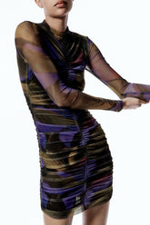 Robe courte moulante à manches longues et fronces en maille imprimée - Violet